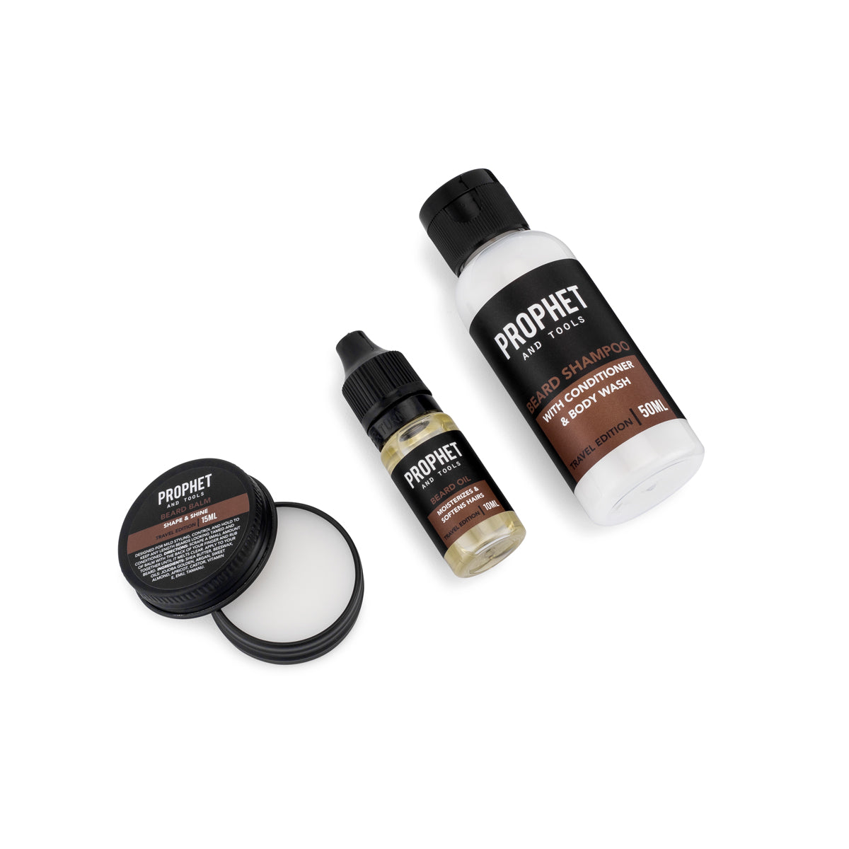 Travel beard grooming kit balm, oil and shampoo
